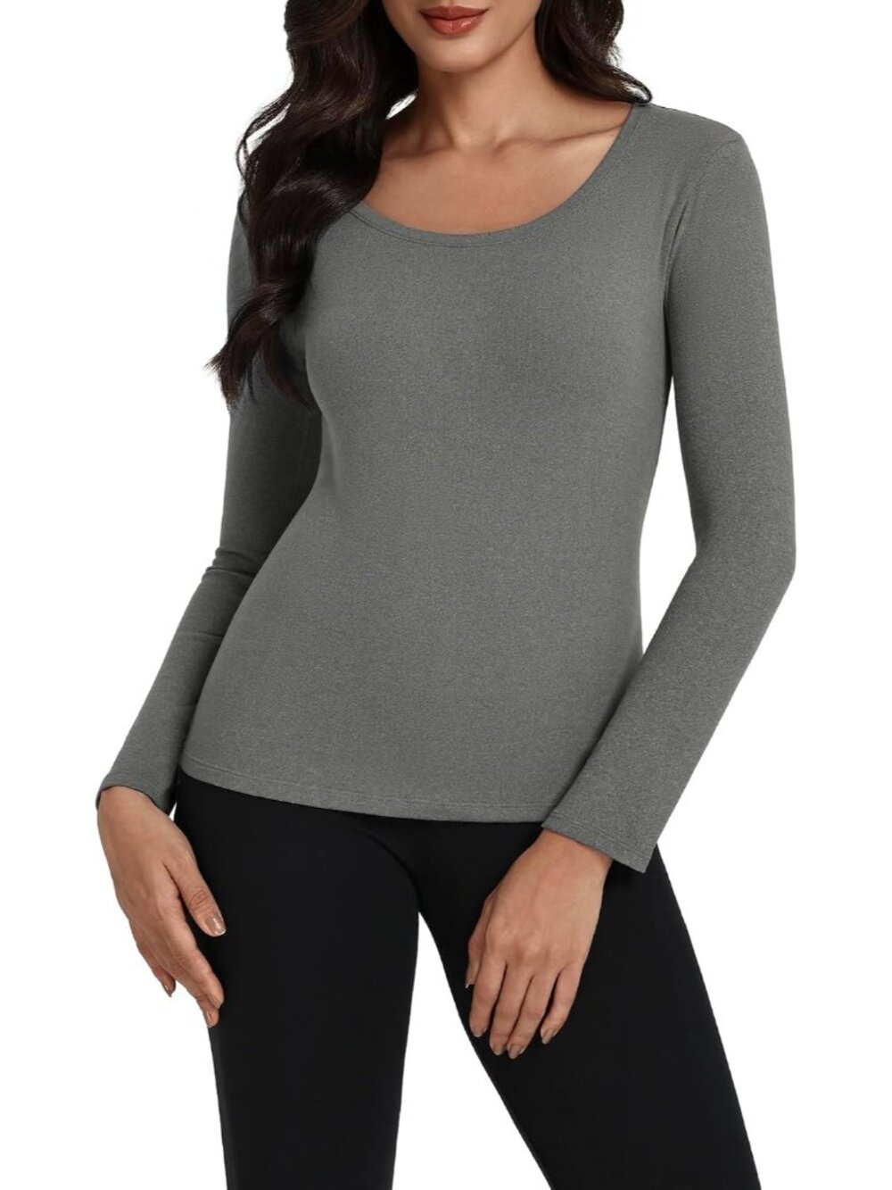 Women's Charcoal Grey Long Sleeve Scoop Neck Double Fleece Lined Tops T Shirts